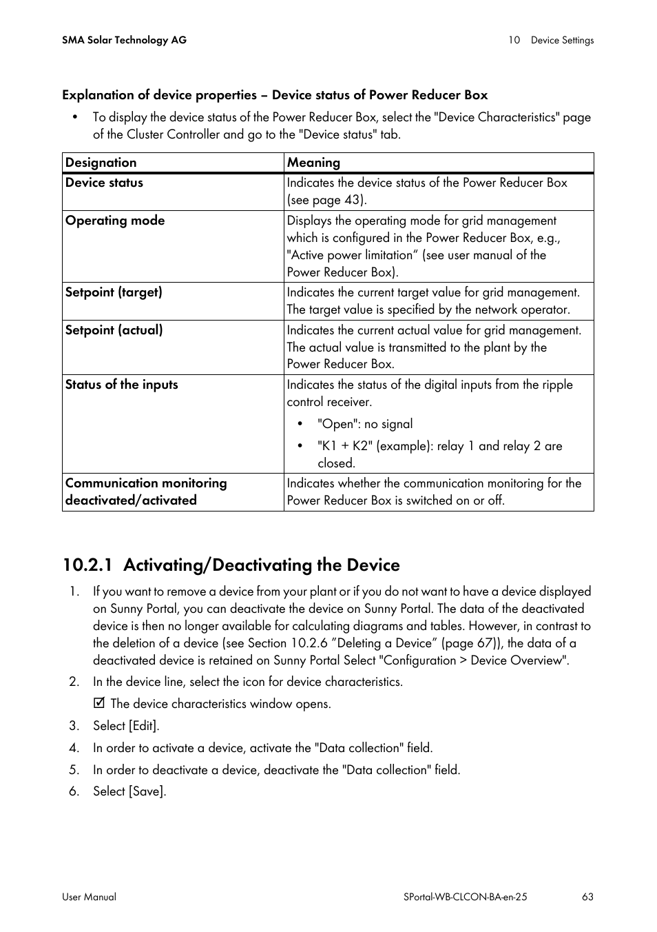 1 activating/deactivating the device, Activating/deactivating the device | SMA SUNNY WEBBOX User Manual | Page 63 / 77