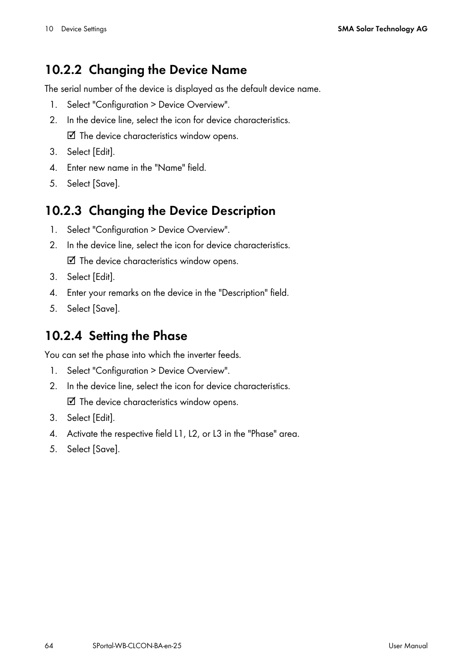 2 changing the device name, 3 changing the device description, 4 setting the phase | Changing the device name, Changing the device description, Setting the phase | SMA SUNNY WEBBOX User Manual | Page 64 / 77