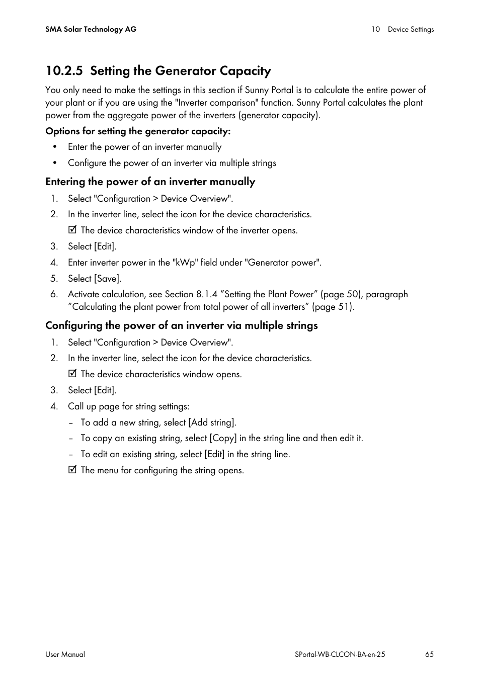 5 setting the generator capacity, Setting the generator capacity | SMA SUNNY WEBBOX User Manual | Page 65 / 77