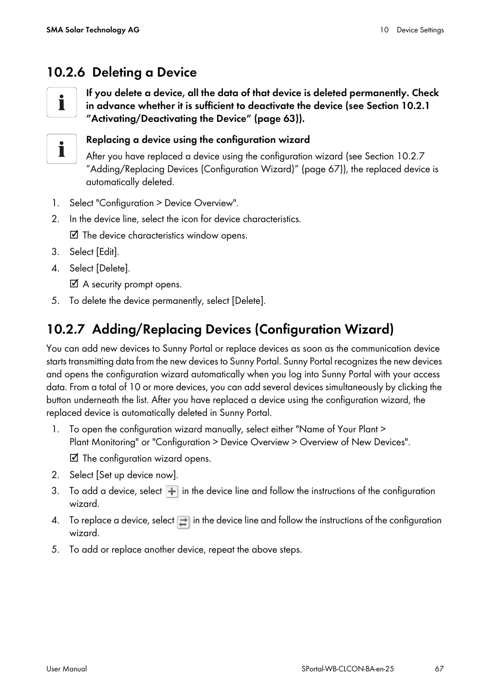 6 deleting a device, 7 adding/replacing devices (configuration wizard), Deleting a device | Adding/replacing devices (configuration wizard) | SMA SUNNY WEBBOX User Manual | Page 67 / 77
