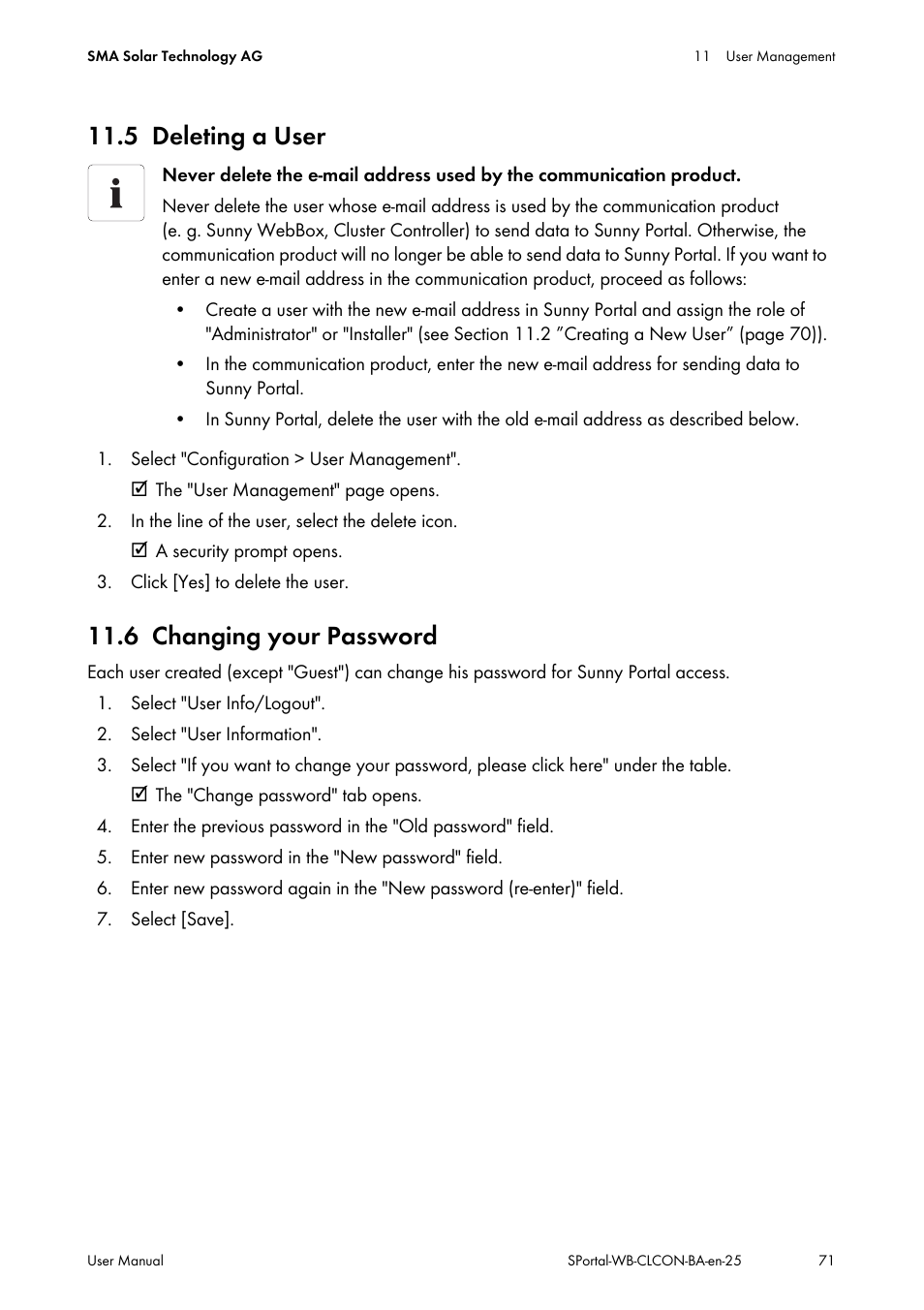 5 deleting a user, 6 changing your password, Deleting a user | Changing your password | SMA SUNNY WEBBOX User Manual | Page 71 / 77