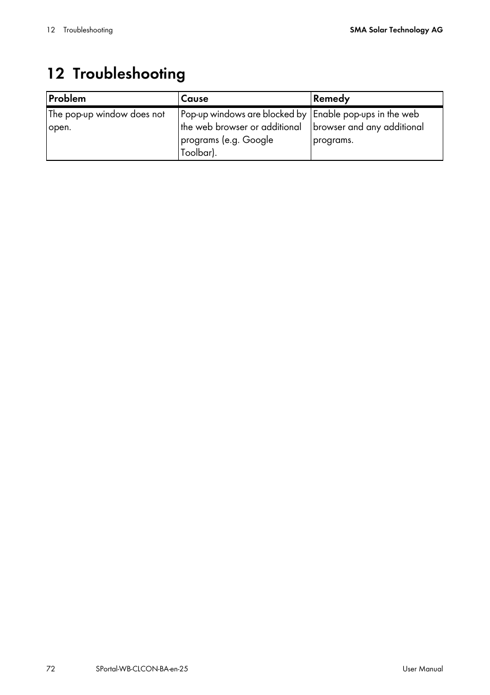 12 troubleshooting, Troubleshooting | SMA SUNNY WEBBOX User Manual | Page 72 / 77