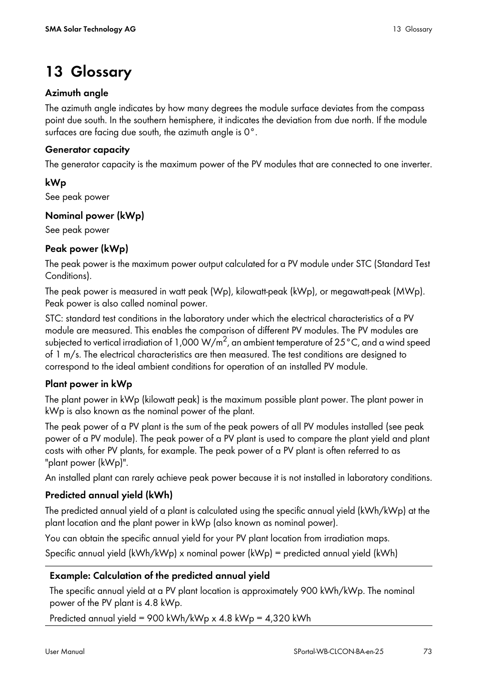 13 glossary, Glossary | SMA SUNNY WEBBOX User Manual | Page 73 / 77