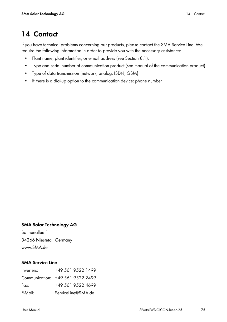 14 contact, Contact | SMA SUNNY WEBBOX User Manual | Page 75 / 77