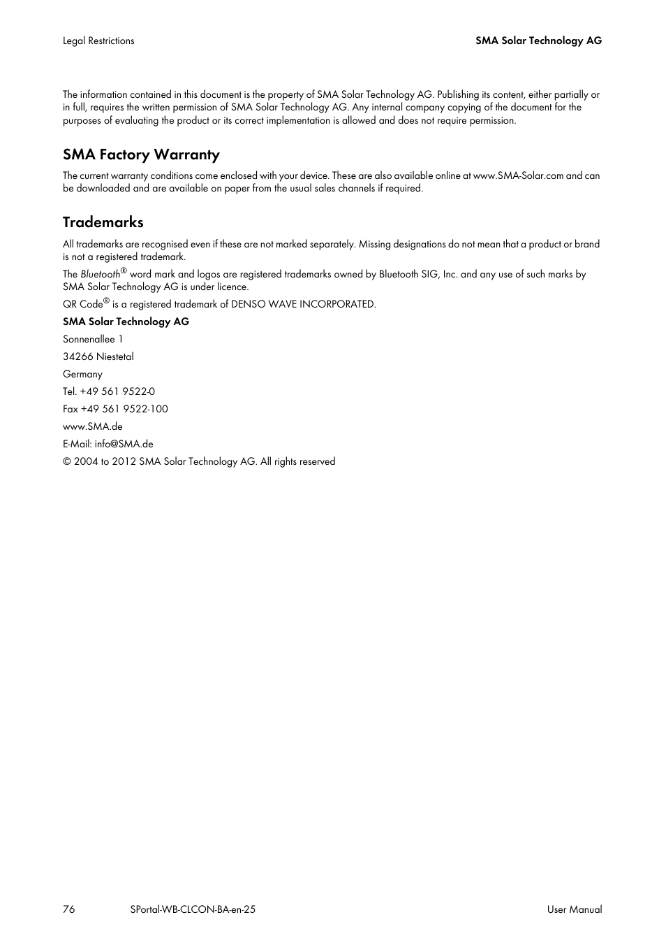 Sma factory warranty, Trademarks | SMA SUNNY WEBBOX User Manual | Page 76 / 77
