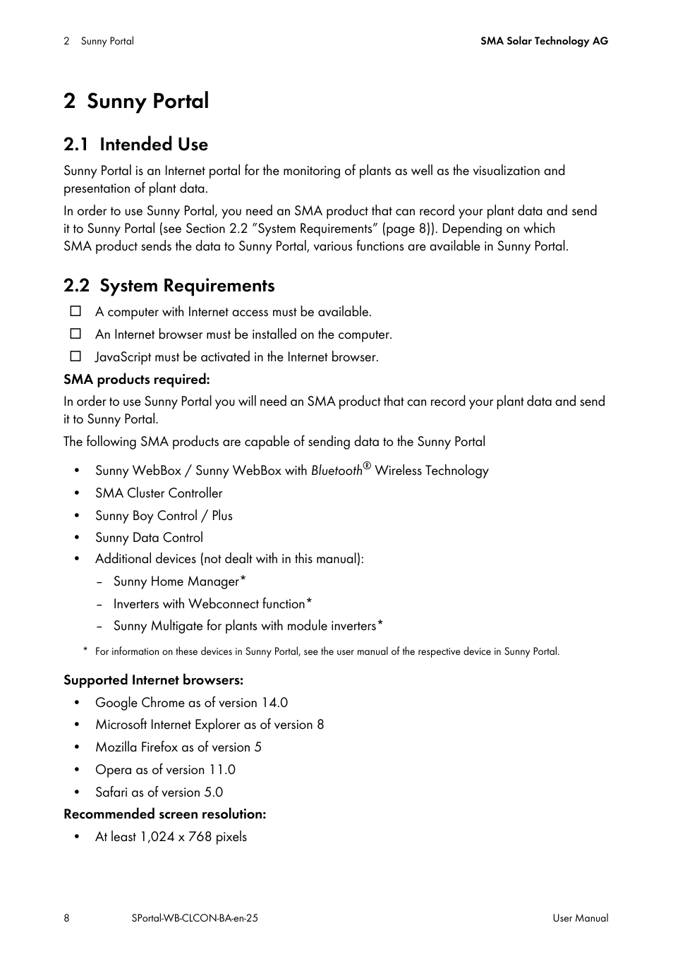 2 sunny portal, 1 intended use, 2 system requirements | Sunny portal, Intended use, System requirements | SMA SUNNY WEBBOX User Manual | Page 8 / 77