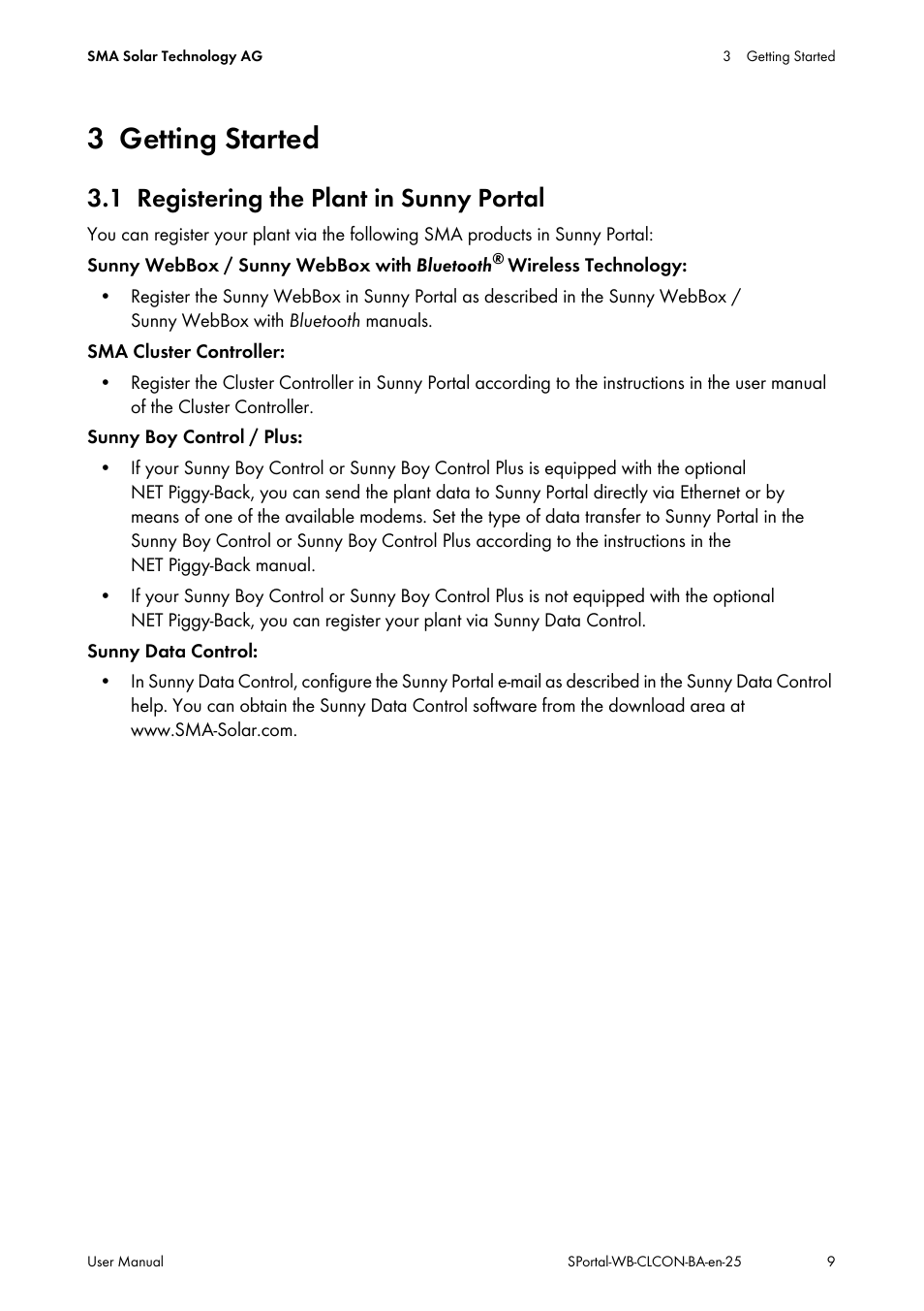 3 getting started, 1 registering the plant in sunny portal, Getting started | Registering the plant in sunny portal | SMA SUNNY WEBBOX User Manual | Page 9 / 77