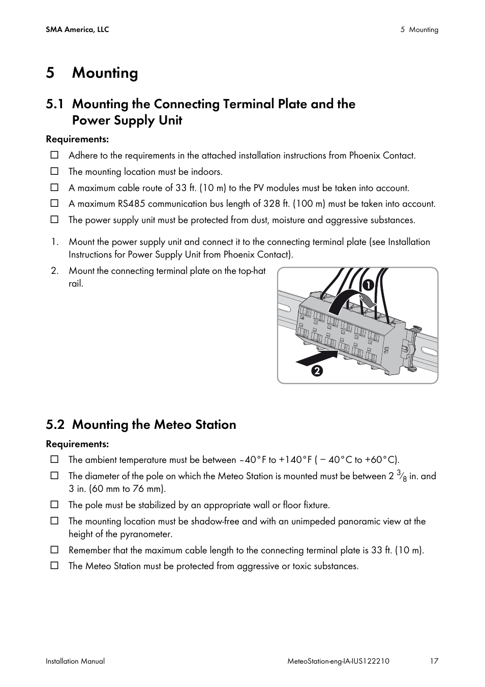 5 mounting, 2 mounting the meteo station, Mounting | Mounting the connecting terminal plate and the, Power supply unit, Mounting the meteo station | SMA METEO STATION Installation User Manual | Page 17 / 33