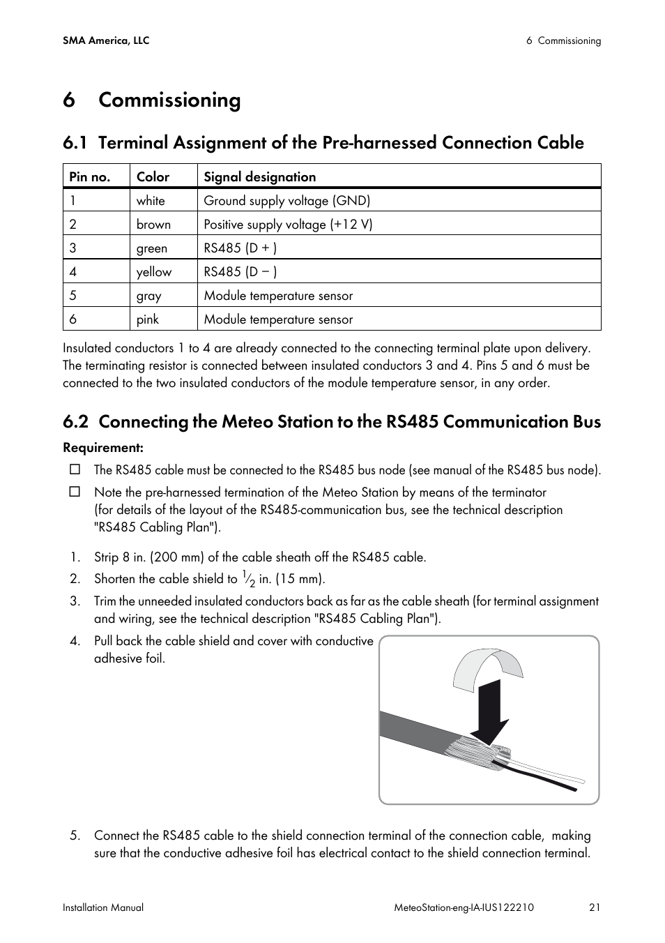 6 commissioning, Commissioning, Connecting the meteo station to the | Rs485 communication bus | SMA METEO STATION Installation User Manual | Page 21 / 33
