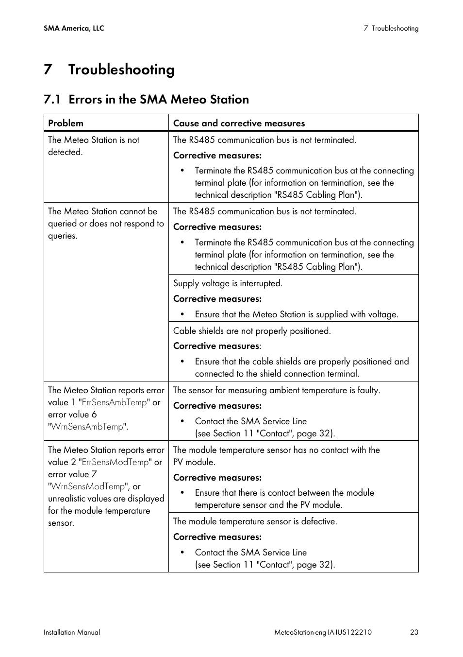 7 troubleshooting, 1 errors in the sma meteo station, Troubleshooting | Errors in the sma meteo station | SMA METEO STATION Installation User Manual | Page 23 / 33