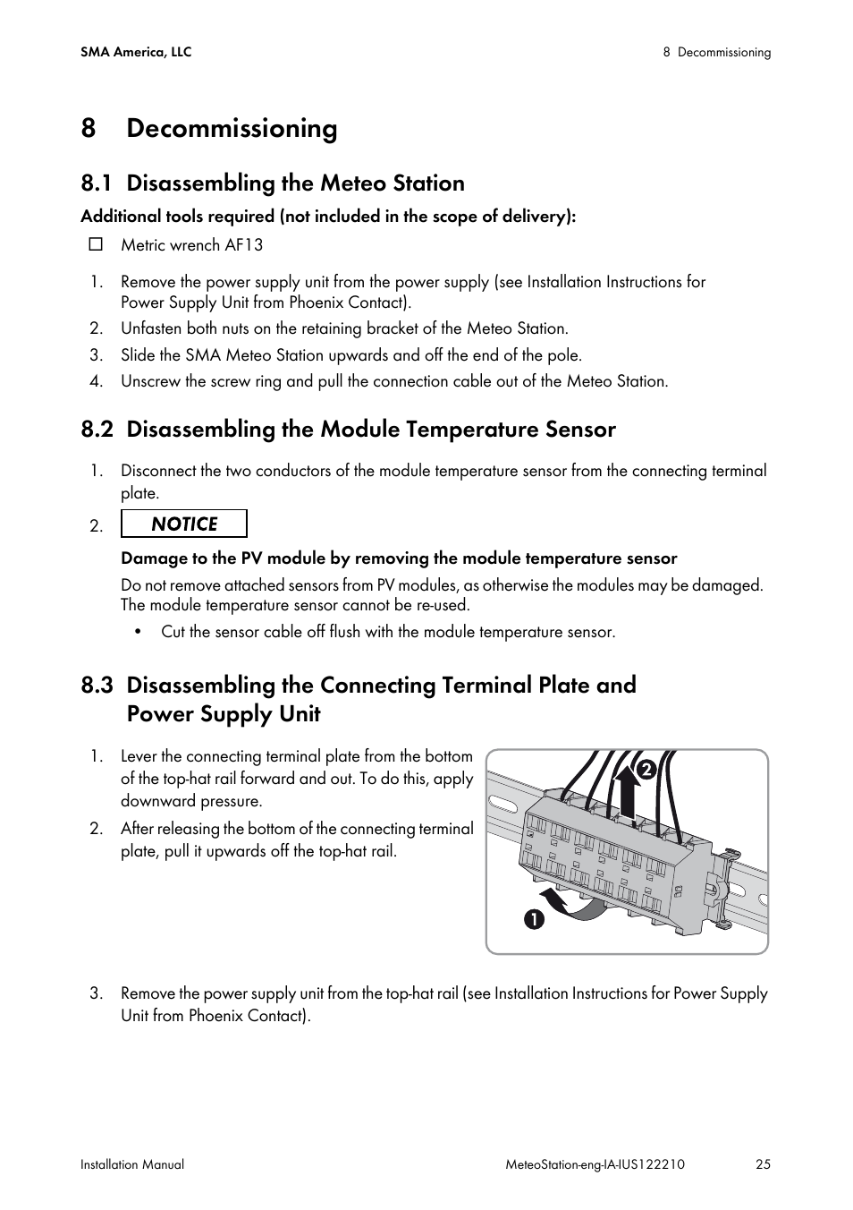 8 decommissioning, 1 disassembling the meteo station, 2 disassembling the module temperature sensor | Decommissioning, Disassembling the meteo station, Disassembling the module temperature sensor, Disassembling the connecting terminal plate and, Power supply unit | SMA METEO STATION Installation User Manual | Page 25 / 33