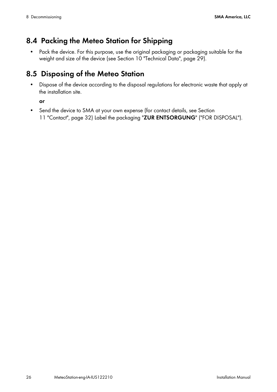 4 packing the meteo station for shipping, 5 disposing of the meteo station, Packing the meteo station for shipping | Disposing of the meteo station | SMA METEO STATION Installation User Manual | Page 26 / 33
