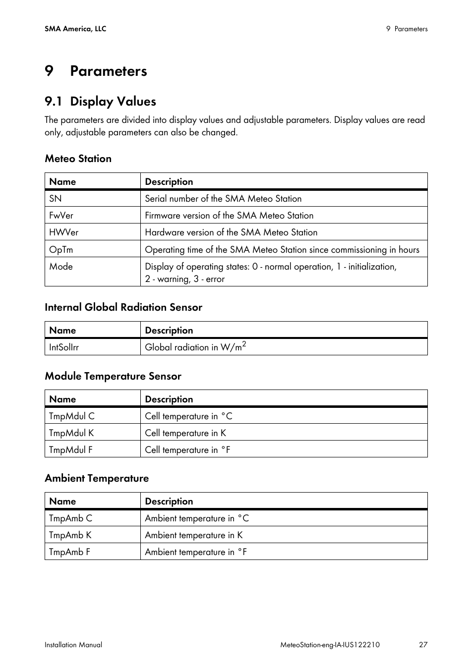 9 parameters, 1 display values, Parameters | Display values | SMA METEO STATION Installation User Manual | Page 27 / 33