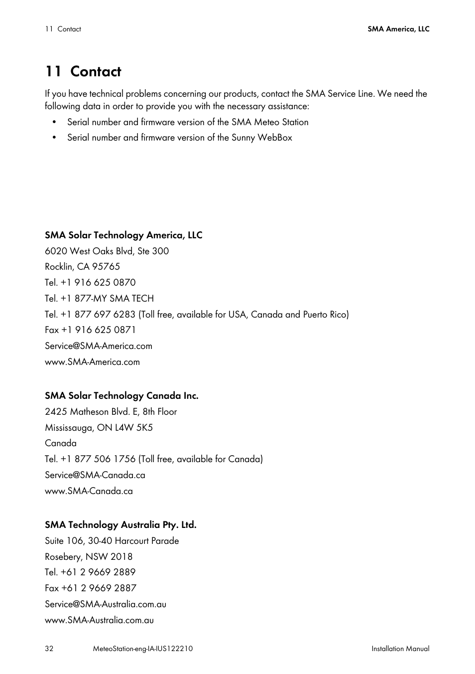 11 contact, Contact | SMA METEO STATION Installation User Manual | Page 32 / 33