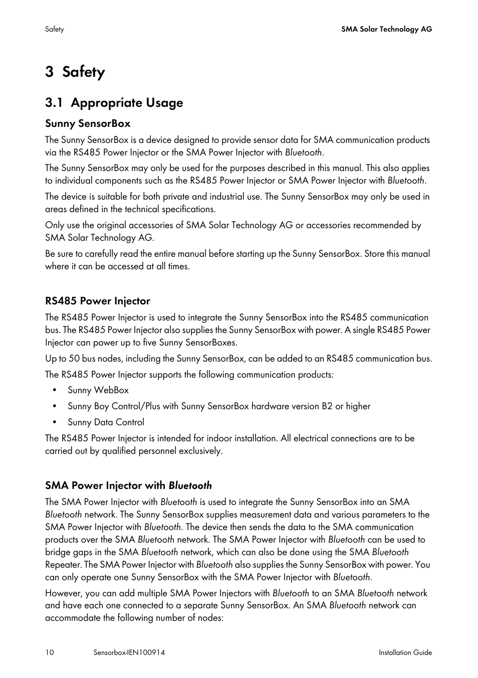 3 safety, 1 appropriate usage, Safety | Appropriate usage | SMA Sensorbox User Manual | Page 10 / 84