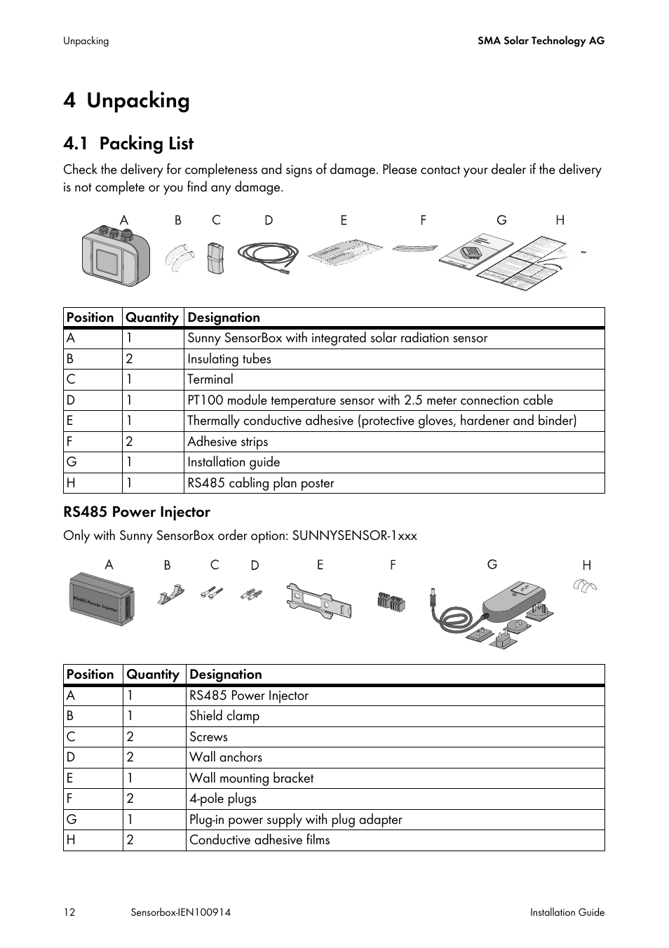 4 unpacking, 1 packing list, Unpacking | Packing list | SMA Sensorbox User Manual | Page 12 / 84