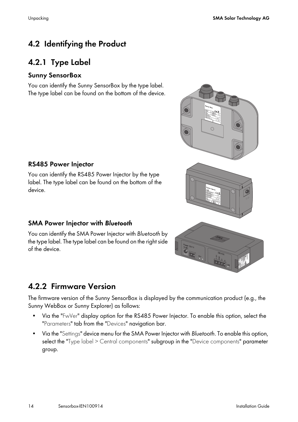 2 identifying the product, 1 type label, 2 firmware version | Identifying the product, Type label, Firmware version, 2 identifying the product 4.2.1 type label | SMA Sensorbox User Manual | Page 14 / 84
