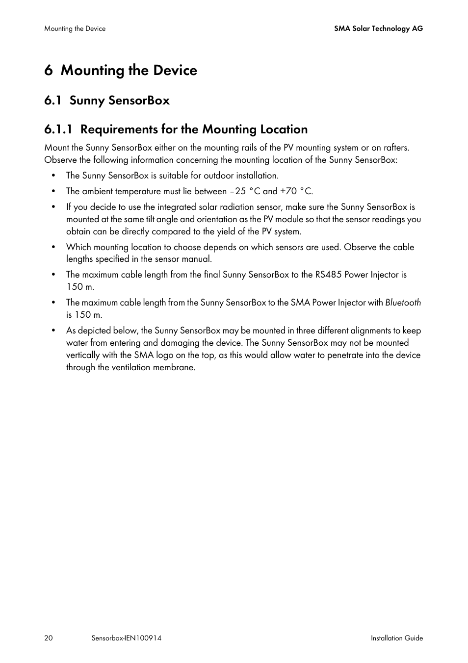 6 mounting the device, 1 sunny sensorbox, 1 requirements for the mounting location | Mounting the device, Sunny sensorbox, Requirements for the mounting location | SMA Sensorbox User Manual | Page 20 / 84
