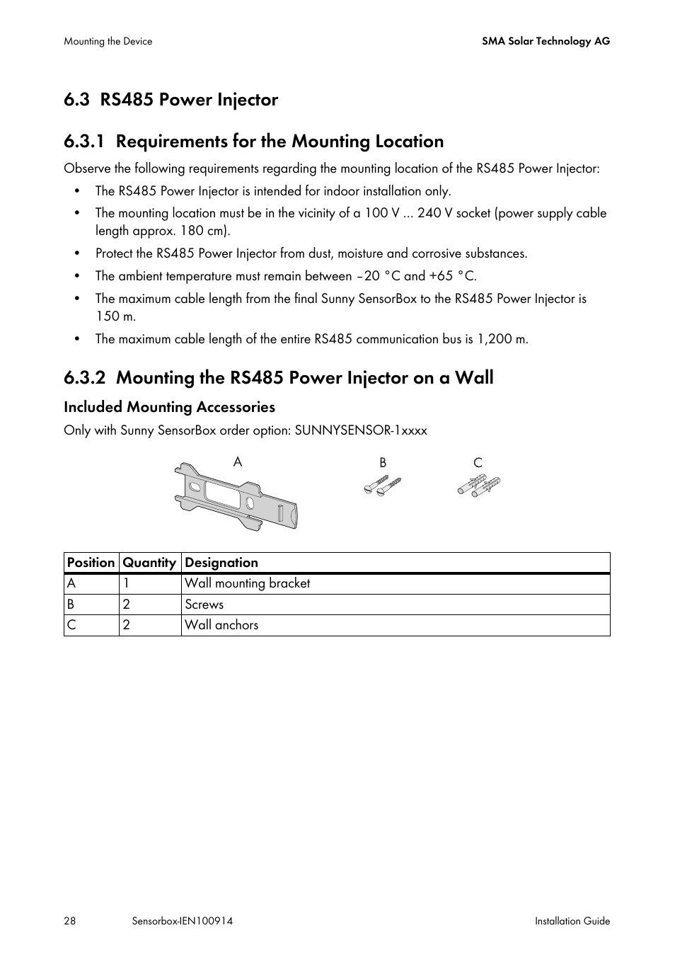 3 rs485 power injector, 1 requirements for the mounting location, 2 mounting the rs485 power injector on a wall | Rs485 power injector, Requirements for the mounting location, Mounting the rs485 power injector on a wall | SMA Sensorbox User Manual | Page 28 / 84