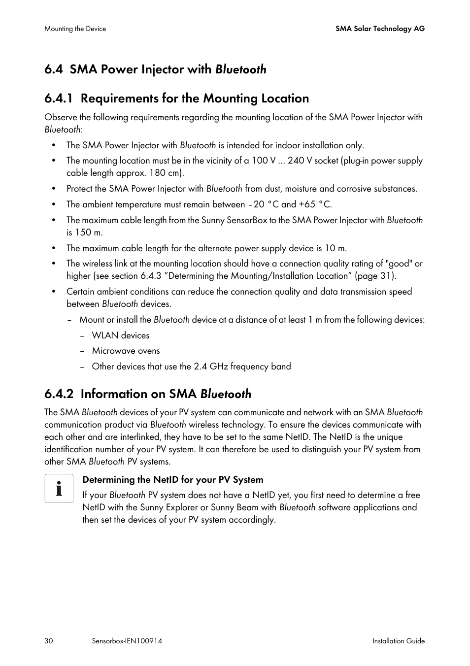 4 sma power injector with bluetooth, 1 requirements for the mounting location, 2 information on sma bluetooth | Sma power injector with, Requirements for the mounting location, Information on sma bluetooth | SMA Sensorbox User Manual | Page 30 / 84