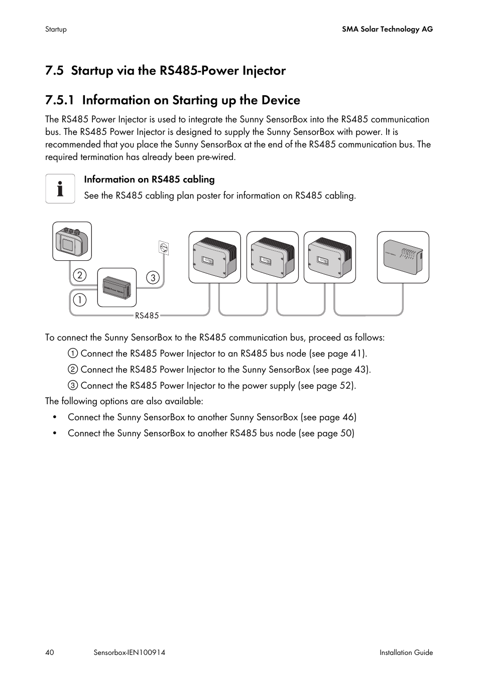 5 startup via the rs485-power injector, 1 information on starting up the device, Startup via the rs485-power injector | Information on starting up the device | SMA Sensorbox User Manual | Page 40 / 84