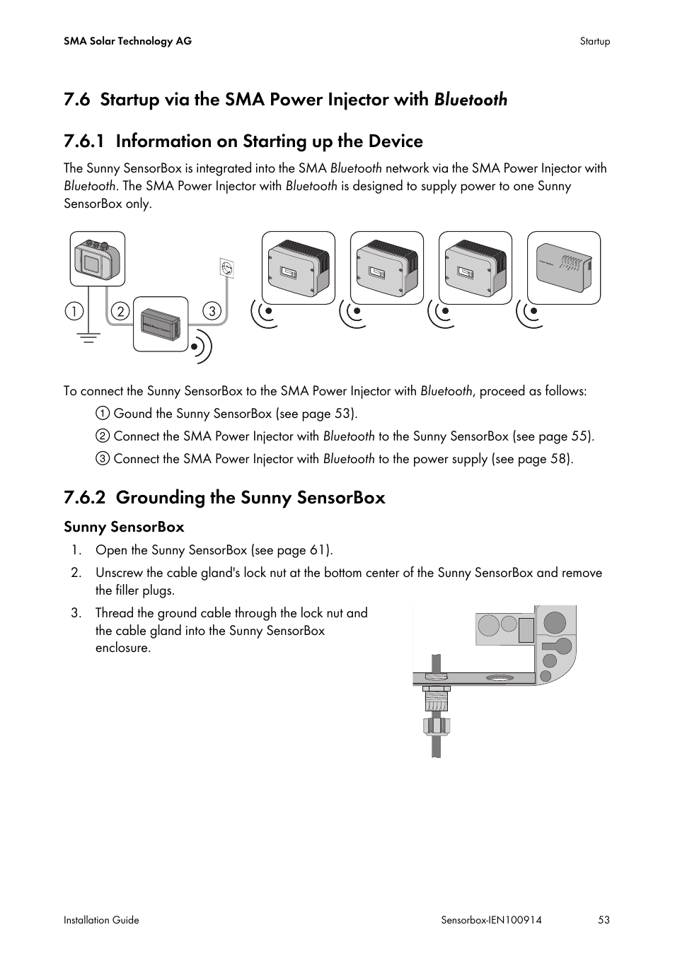 1 information on starting up the device, 2 grounding the sunny sensorbox, Startup via the sma power injector with | Information on starting up the device, Grounding the sunny sensorbox | SMA Sensorbox User Manual | Page 53 / 84