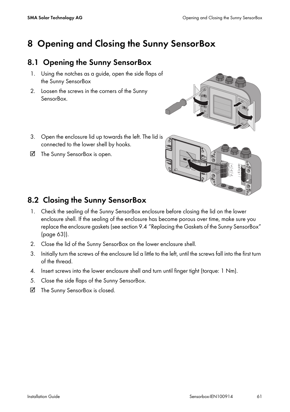 8 opening and closing the sunny sensorbox, 1 opening the sunny sensorbox, 2 closing the sunny sensorbox | Opening and closing the sunny sensorbox, Opening the sunny sensorbox, Closing the sunny sensorbox | SMA Sensorbox User Manual | Page 61 / 84