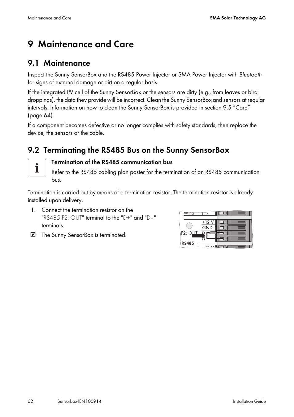 9 maintenance and care, 1 maintenance, 2 terminating the rs485 bus on the sunny sensorbox | Maintenance and care, Maintenance, Terminating the rs485 bus on the sunny sensorbox, N 9.2 ”terminating the rs485 bus | SMA Sensorbox User Manual | Page 62 / 84