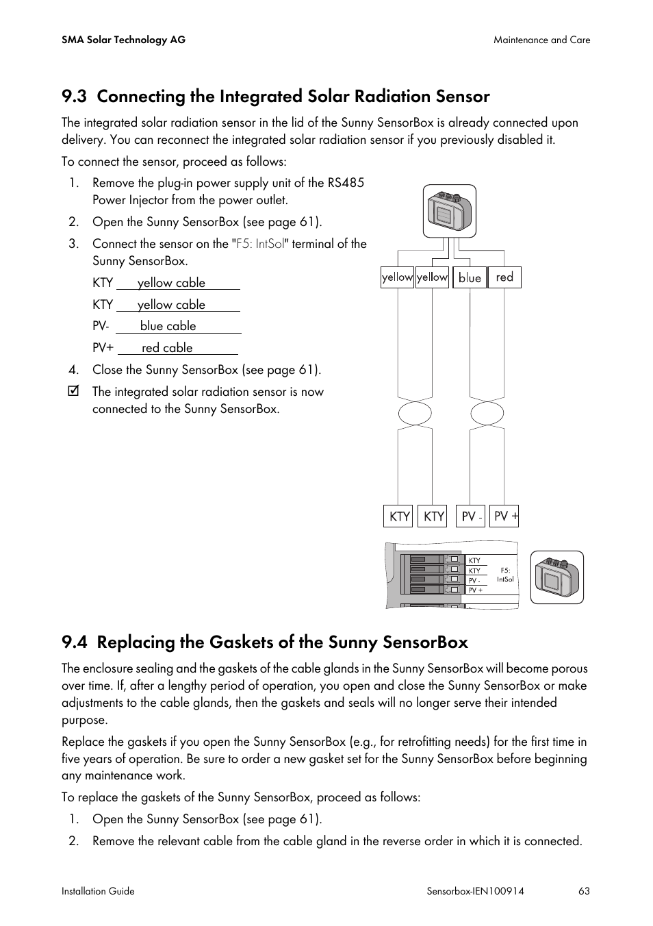 3 connecting the integrated solar radiation sensor, 4 replacing the gaskets of the sunny sensorbox, Connecting the integrated solar radiation sensor | Replacing the gaskets of the sunny sensorbox | SMA Sensorbox User Manual | Page 63 / 84