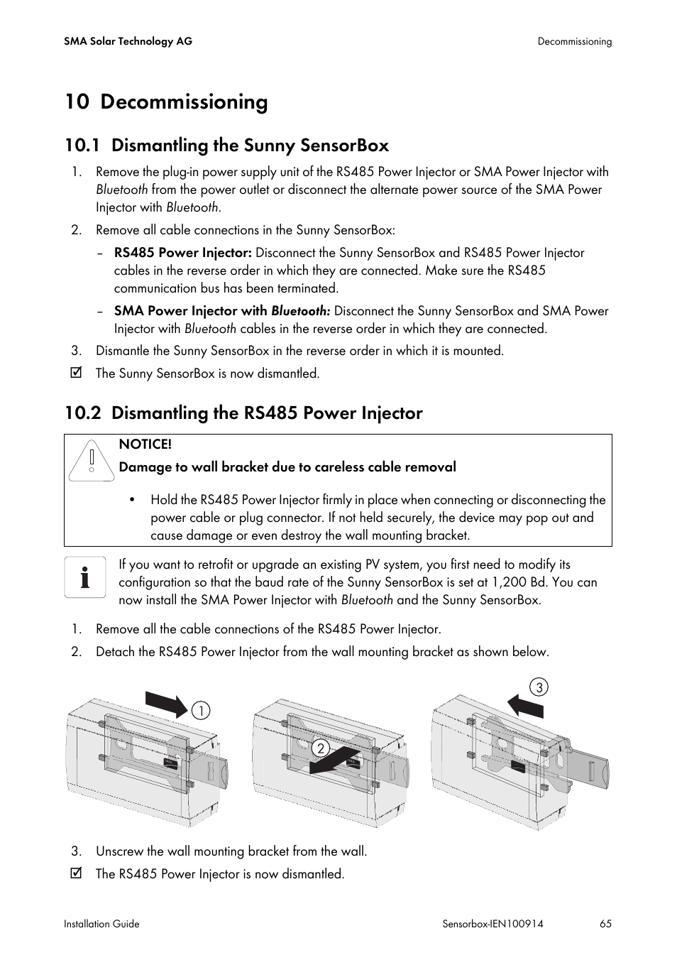 10 decommissioning, 1 dismantling the sunny sensorbox, 2 dismantling the rs485 power injector | Decommissioning, Dismantling the sunny sensorbox, Dismantling the rs485 power injector | SMA Sensorbox User Manual | Page 65 / 84