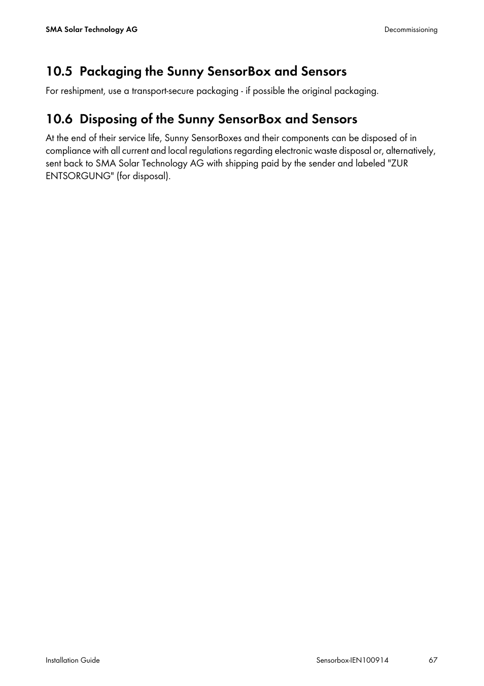 5 packaging the sunny sensorbox and sensors, 6 disposing of the sunny sensorbox and sensors, Packaging the sunny sensorbox and sensors | Disposing of the sunny sensorbox and sensors | SMA Sensorbox User Manual | Page 67 / 84