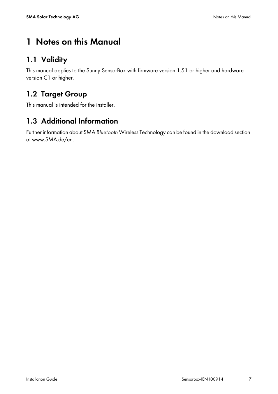 1 notes on this manual, 1 validity, 2 target group | 3 additional information, Notes on this manual, Validity, Target group, Additional information | SMA Sensorbox User Manual | Page 7 / 84