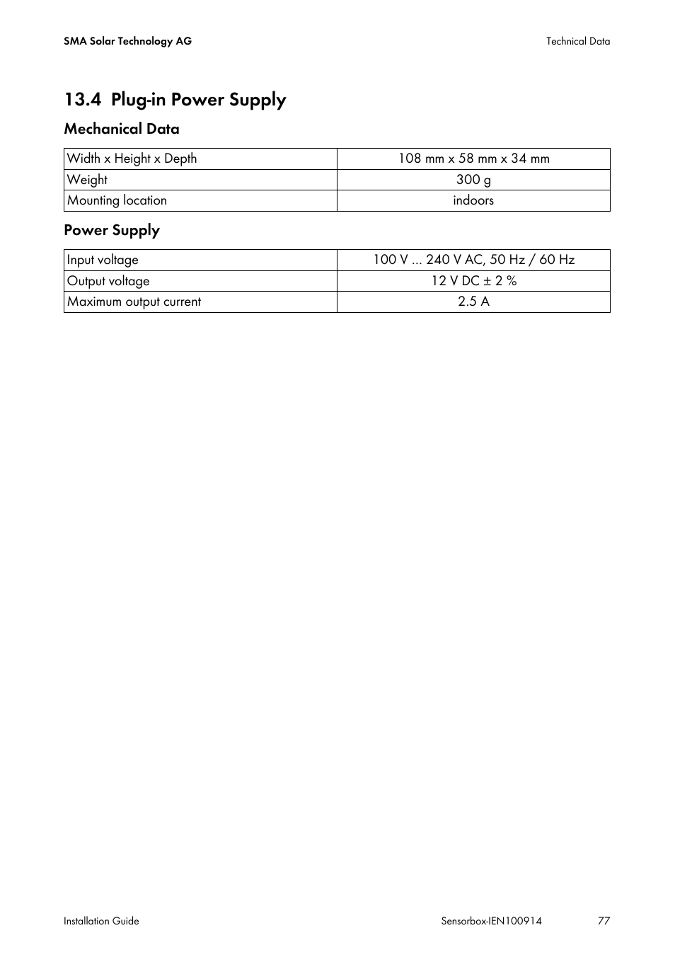 4 plug-in power supply, Plug-in power supply | SMA Sensorbox User Manual | Page 77 / 84