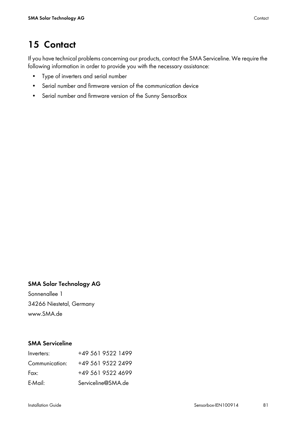 15 contact, Contact | SMA Sensorbox User Manual | Page 81 / 84
