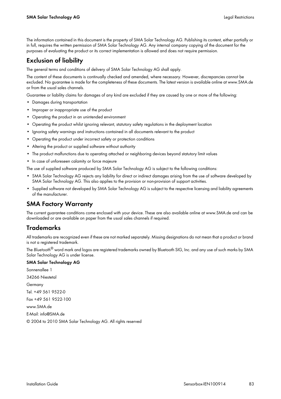 Exclusion of liability, Sma factory warranty, Trademarks | SMA Sensorbox User Manual | Page 83 / 84