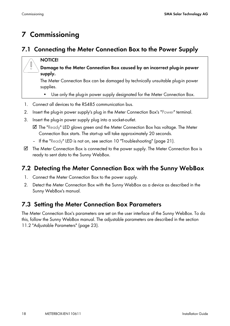 7 commissioning, 3 setting the meter connection box parameters, Commissioning | Detecting the meter connection box with the, Sunny webbox, Setting the meter connection box parameters | SMA METER CONNECTION BOX User Manual | Page 18 / 32