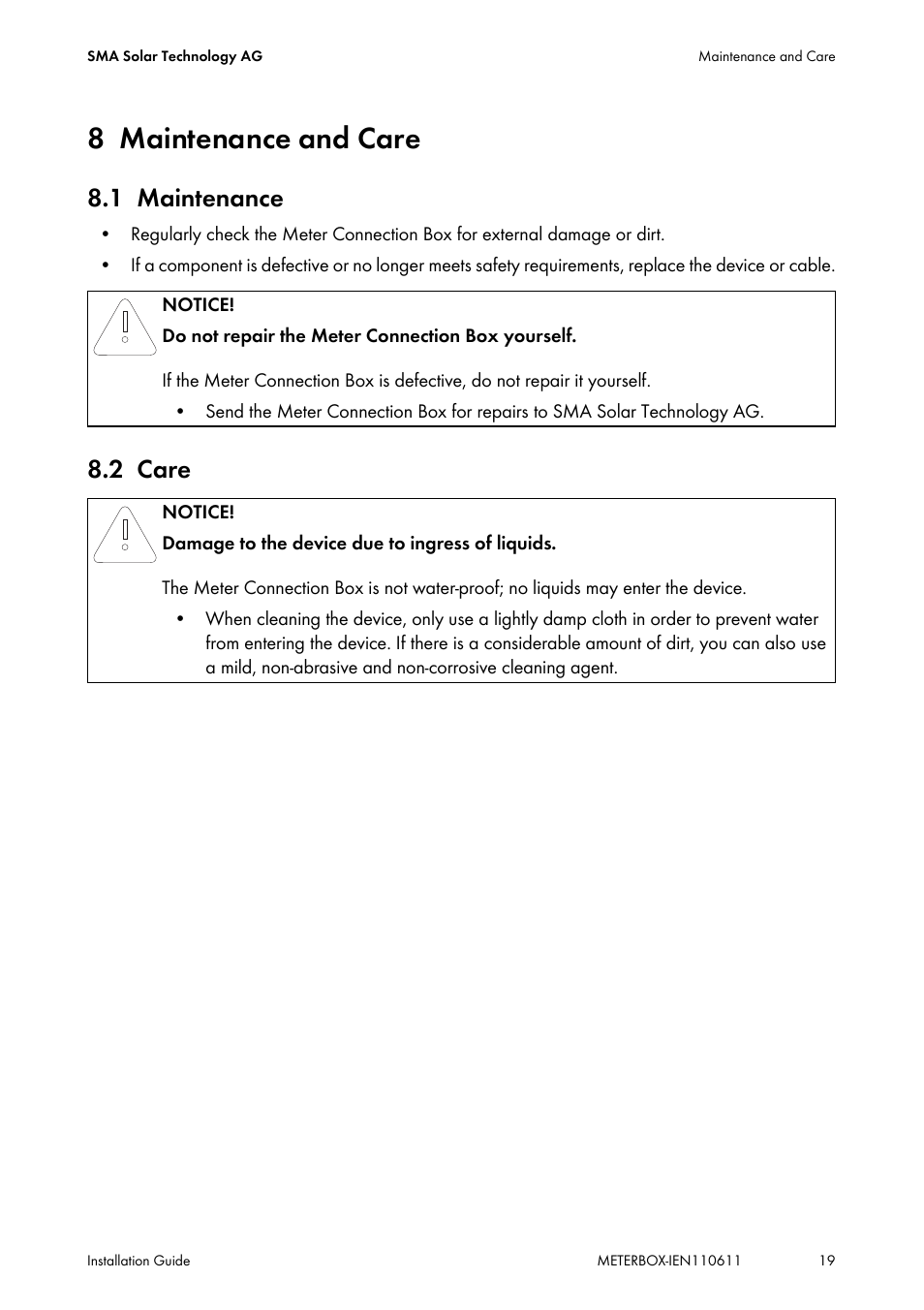 8 maintenance and care, 1 maintenance, 2 care | Maintenance and care, Maintenance, Care | SMA METER CONNECTION BOX User Manual | Page 19 / 32