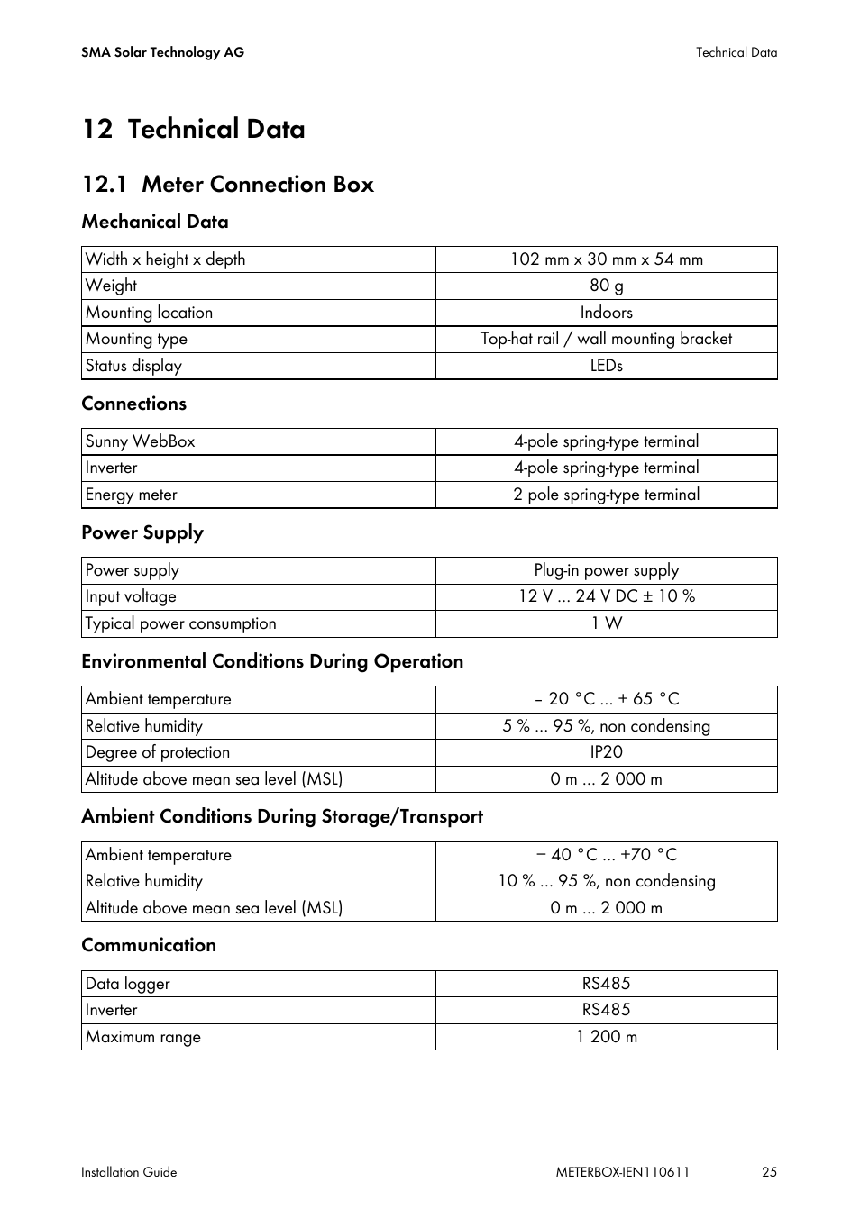 12 technical data, 1 meter connection box, Technical data | Meter connection box | SMA METER CONNECTION BOX User Manual | Page 25 / 32