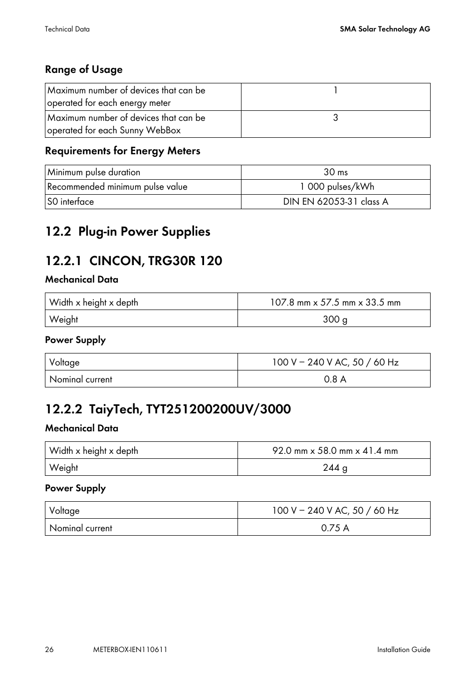 2 plug-in power supplies, 1 cincon, trg30r 120, 2 taiytech, tyt251200200uv/3000 | Plug-in power supplies, Cincon, trg30r 120, Taiytech, tyt251200200uv/3000 | SMA METER CONNECTION BOX User Manual | Page 26 / 32