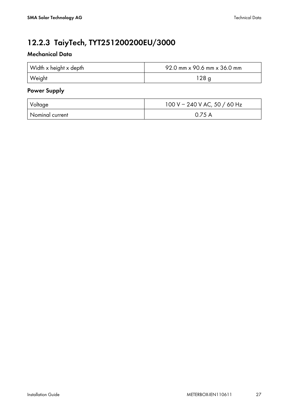 3 taiytech, tyt251200200eu/3000, Taiytech, tyt251200200eu/3000 | SMA METER CONNECTION BOX User Manual | Page 27 / 32