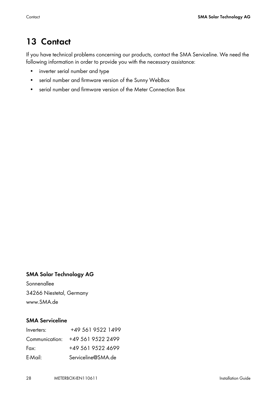 13 contact, Contact | SMA METER CONNECTION BOX User Manual | Page 28 / 32