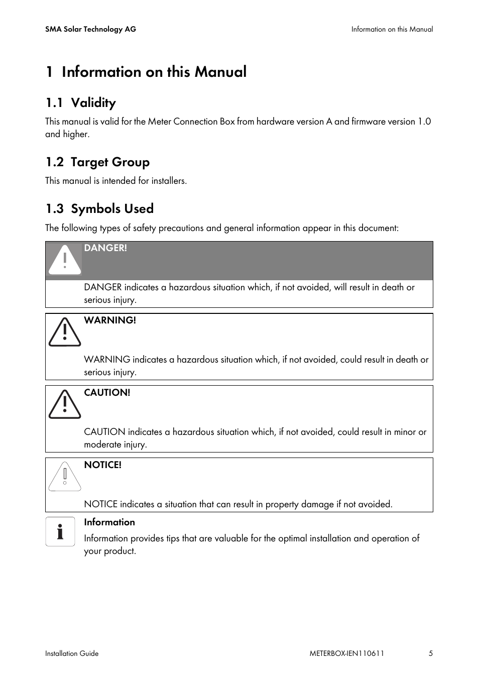 1 information on this manual, 1 validity, 2 target group | 3 symbols used, Information on this manual, Validity, Target group, Symbols used | SMA METER CONNECTION BOX User Manual | Page 5 / 32