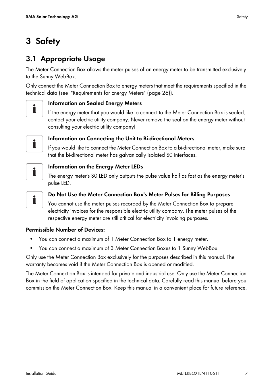 3 safety, 1 appropriate usage, Safety | Appropriate usage | SMA METER CONNECTION BOX User Manual | Page 7 / 32