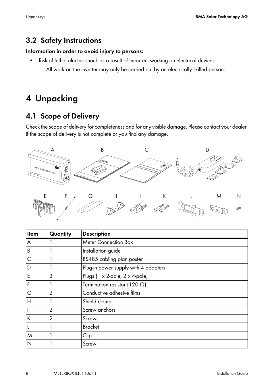 2 safety instructions, 4 unpacking, 1 scope of delivery | Safety instructions, Unpacking, Scope of delivery | SMA METER CONNECTION BOX User Manual | Page 8 / 32