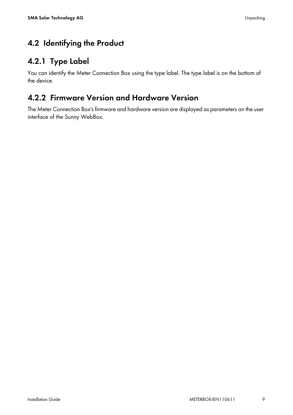 2 identifying the product, 1 type label, 2 firmware version and hardware version | Identifying the product, Type label, Firmware version and hardware version, 2 identifying the product 4.2.1 type label | SMA METER CONNECTION BOX User Manual | Page 9 / 32