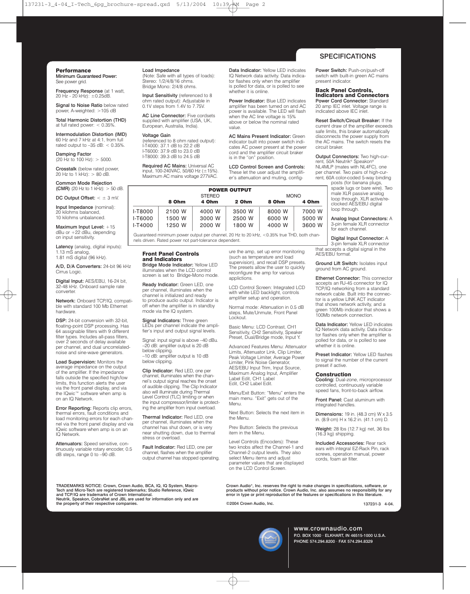 Specifications | Crown Audio I-Tech Series User Manual | Page 6 / 6