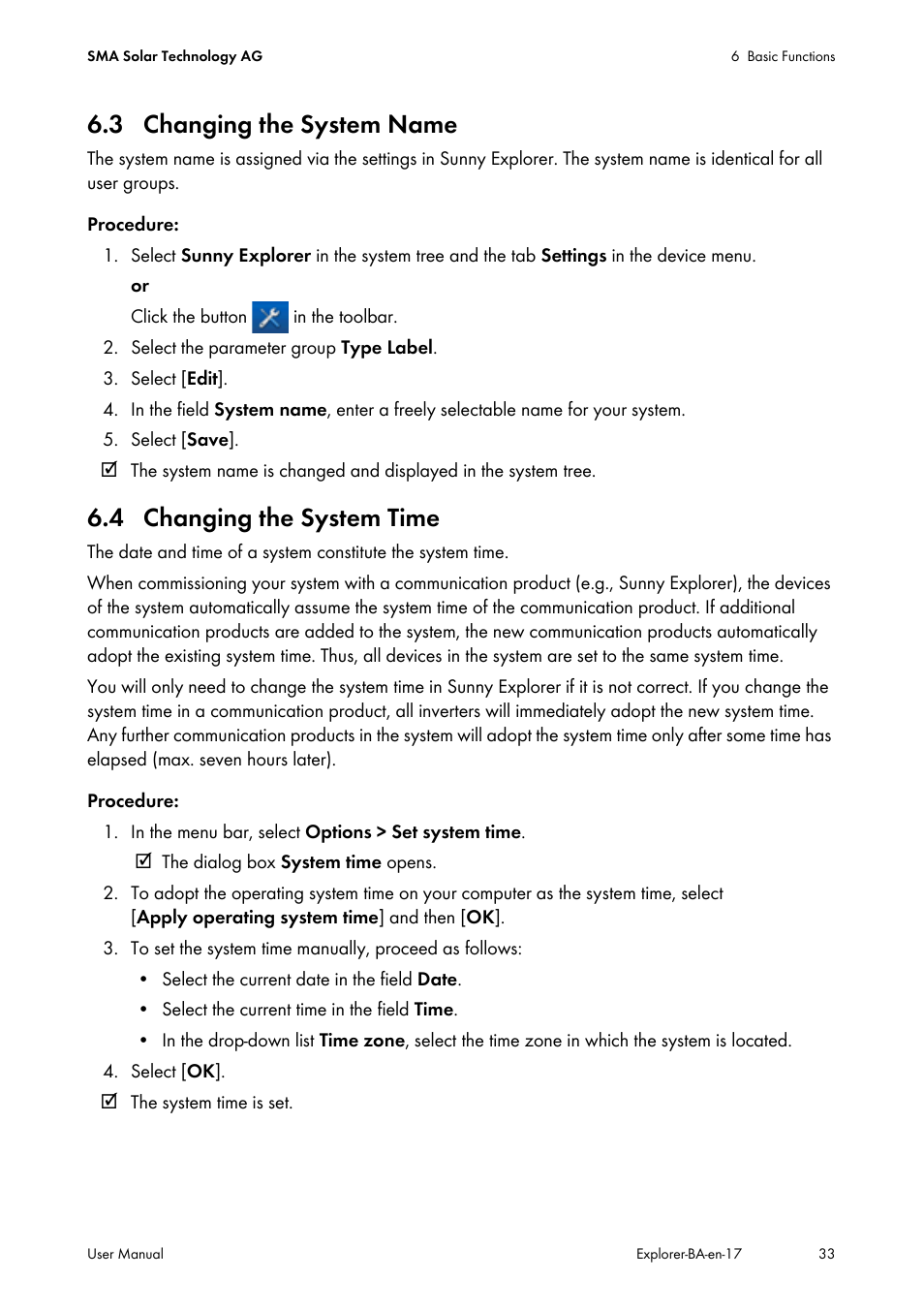 3 changing the system name, 4 changing the system time | SMA SUNNY EXPLORER User Manual | Page 33 / 59