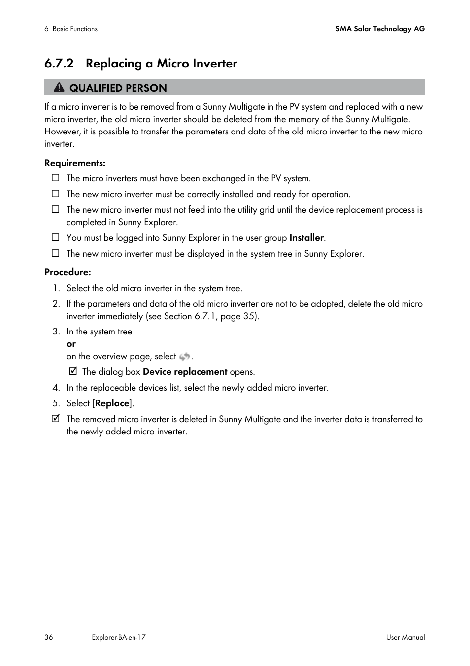 2 replacing a micro inverter | SMA SUNNY EXPLORER User Manual | Page 36 / 59