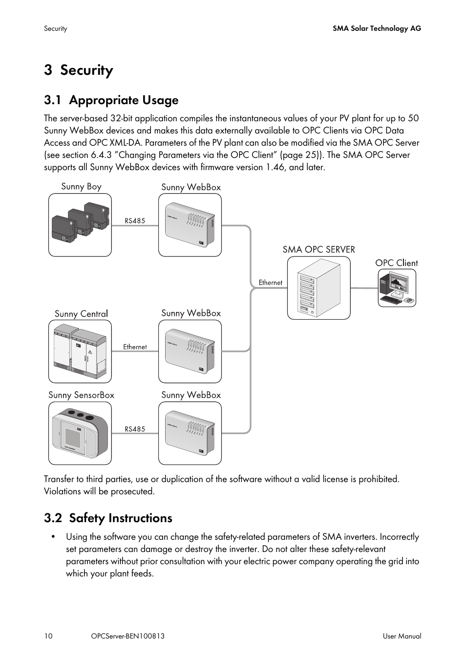 3 security, 1 appropriate usage, 2 safety instructions | Security, Appropriate usage, Safety instructions | SMA OPC SERVER User Manual | Page 10 / 36