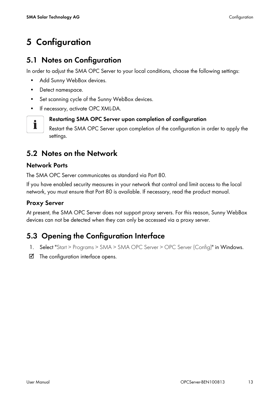 5 configuration, 1 notes on configuration, 2 notes on the network | 3 opening the configuration interface, Configuration, Notes on configuration, Notes on the network, Opening the configuration interface | SMA OPC SERVER User Manual | Page 13 / 36